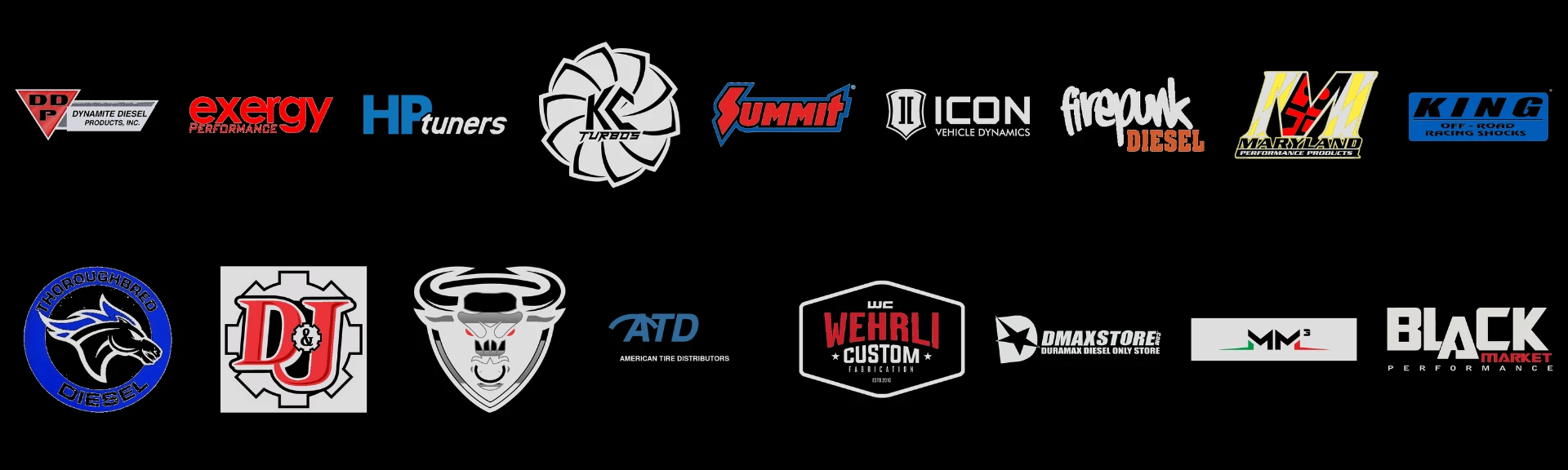 Logos of trusted diesel performance dealers and brands including HP Tuners, KC Turbos, Summit, Wehrli Custom Fabrication and DmaxStore