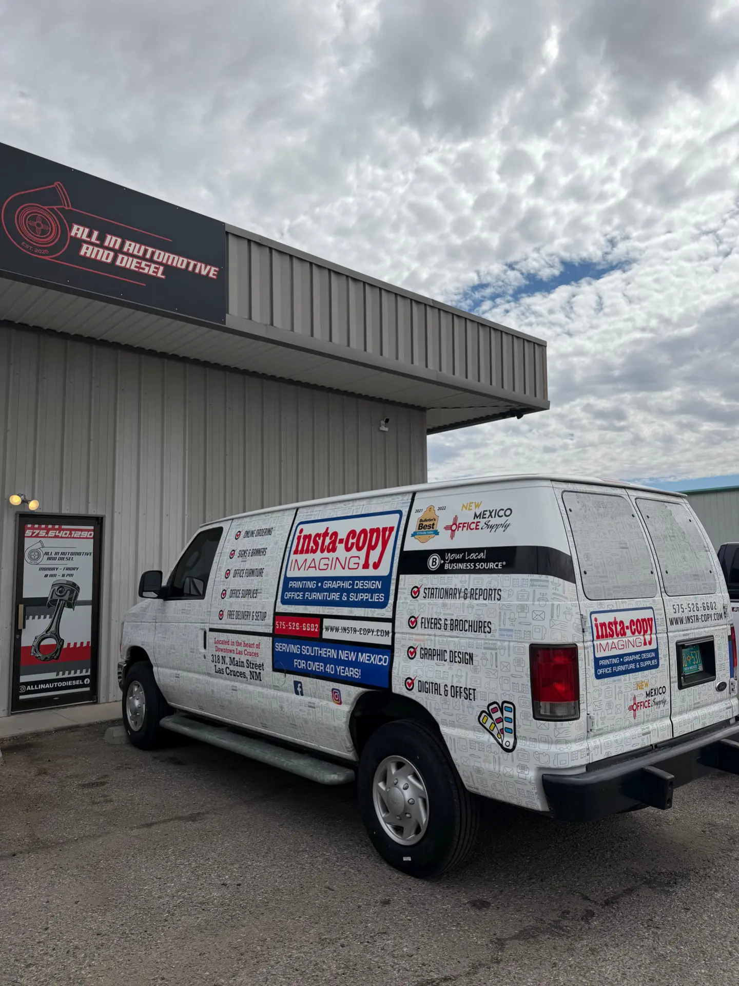 Commercial van with custom vinyl wrap work done by All In Automotive and Diesel